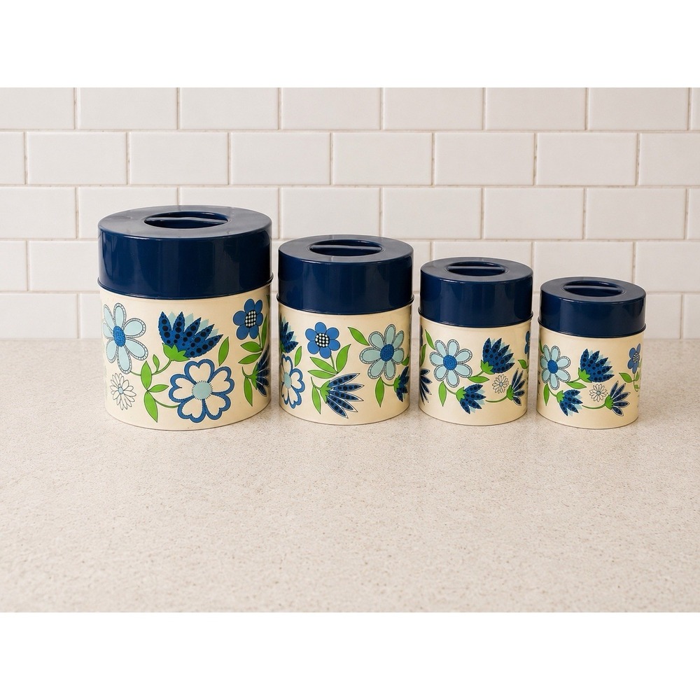 Rare 1960's Vintage Blue Flower Tin Nesting Canister Set Counterpoint MCM